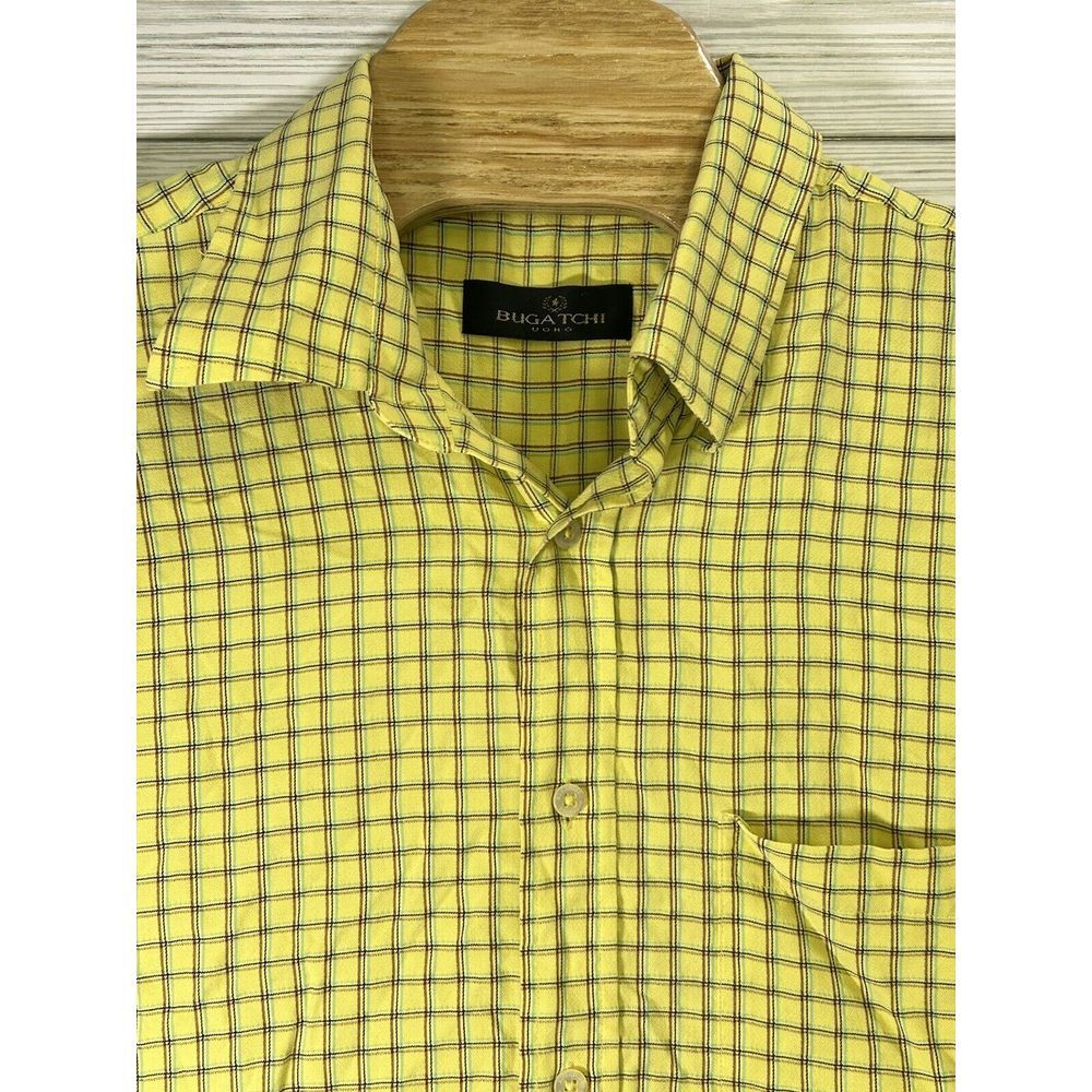 Bugatchi Uomo Men's Button Front Short Sleeve Yellow Brown‎ Green Check Size XL